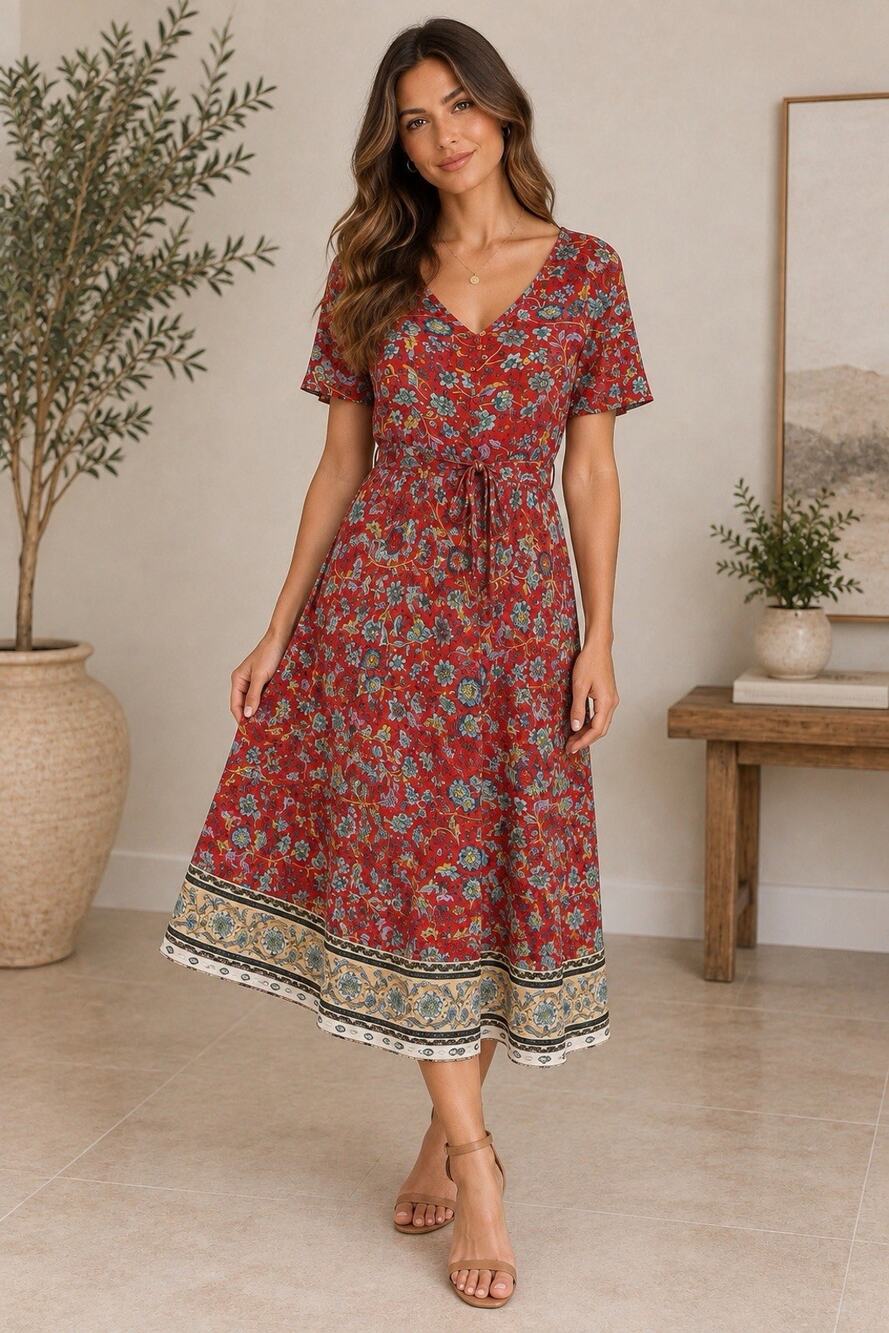 Red Floral Boho Midi Dress L Button Front Tie Waist Border Print Cottagecore